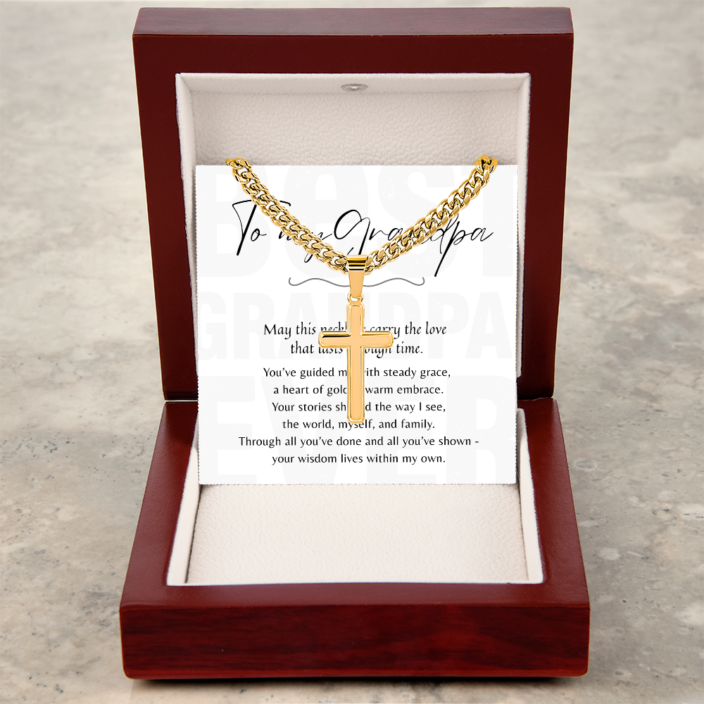 Artisan Cross Necklace for Grandpa – Stainless Steel or 18k Gold Finish with Cuban Chain | A Meaningful Gift for Grandpa displayed in velvet box
