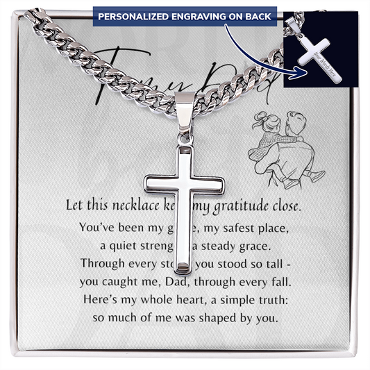 Personalized Cross with Cuban Link Chain for Dad – meaningful jewelry gift in stainless steel or 18k yellow gold finish