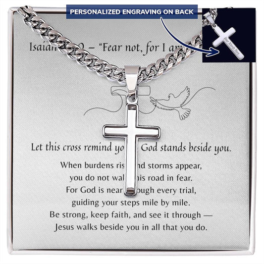 Personalized Cross with Cuban Link Chain for Him – A Meaningful Christian Gift for Him | Isaiah 41:10 | Stainless Steel or 18k Yellow Gold Finish displayed in gift box with scripture card