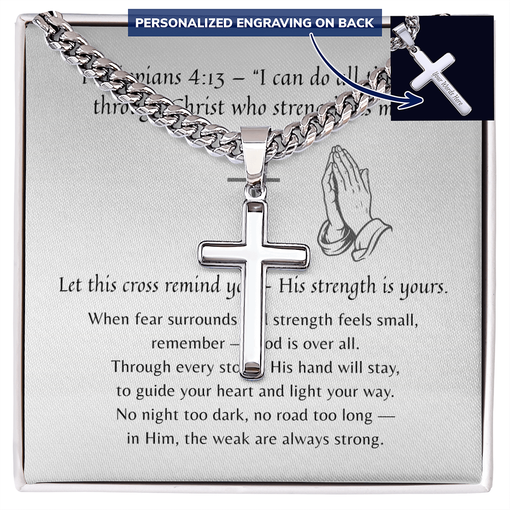 Personalized Cross with Cuban Link Chain for Him – A Meaningful Christian Gift for Him | Philippians 4:13 | Stainless Steel or 18k Yellow Gold Finish displayed with scripture card and back engraving option