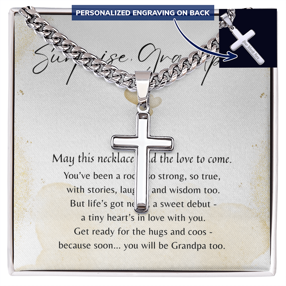 Personalized Cross with Cuban Link Chain for Becoming Grandpa – A Meaningful Pregnancy Announcement Gift | Silver-tone stainless steel displayed in gift box