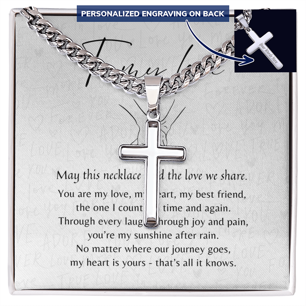 Personalized Cross with Cuban Link Chain for Him – A Meaningful Romantic Gift of Love | Stainless Steel or 18k Yellow Gold Finish with custom engraving
