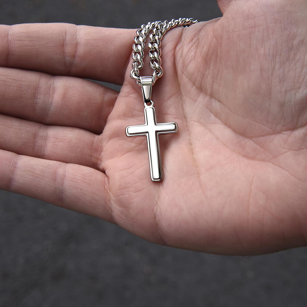Personalized Cross Necklace with Cuban Link Chain for Brother – Brother Gift held in hand showing meaningful jewelry design