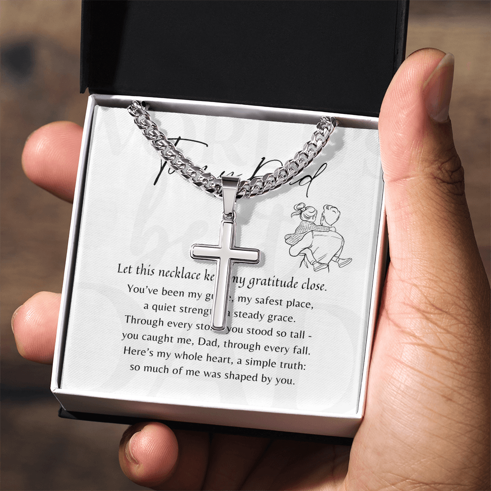 Personalized Cross with Cuban Link Chain for Dad – A Meaningful Gift of Strength and Love | Stainless Steel or 18k Yellow Gold Finish displayed in gift box