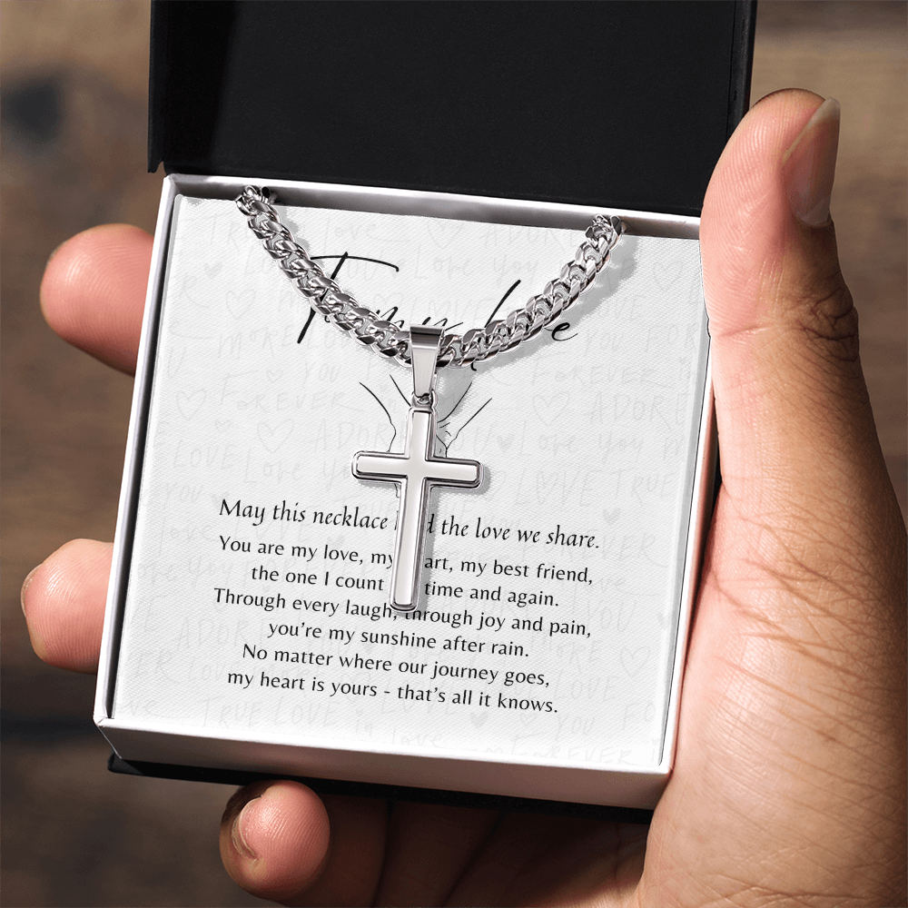 Personalized Cross with Cuban Link Chain for Him – A Meaningful Romantic Gift of Love | Stainless Steel or 18k Yellow Gold Finish displayed in gift box held in hand