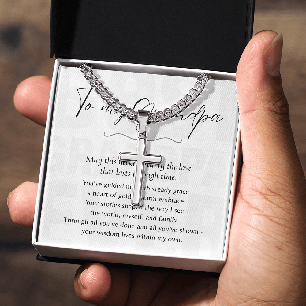 Personalized Cross with Cuban Link Chain for Grandpa – A Meaningful Gift of Strength and Love | Stainless Steel or 18k Yellow Gold Finish displayed in gift box