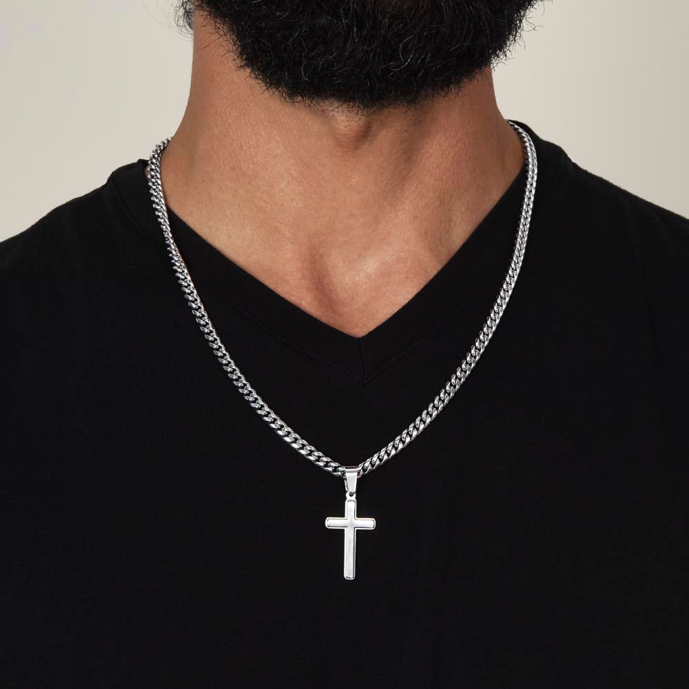 Personalized Cross with Cuban Link Chain for Him – A Meaningful Christian Gift for Him | Philippians 4:13 | Stainless Steel or 18k Yellow Gold Finish worn on black shirt
