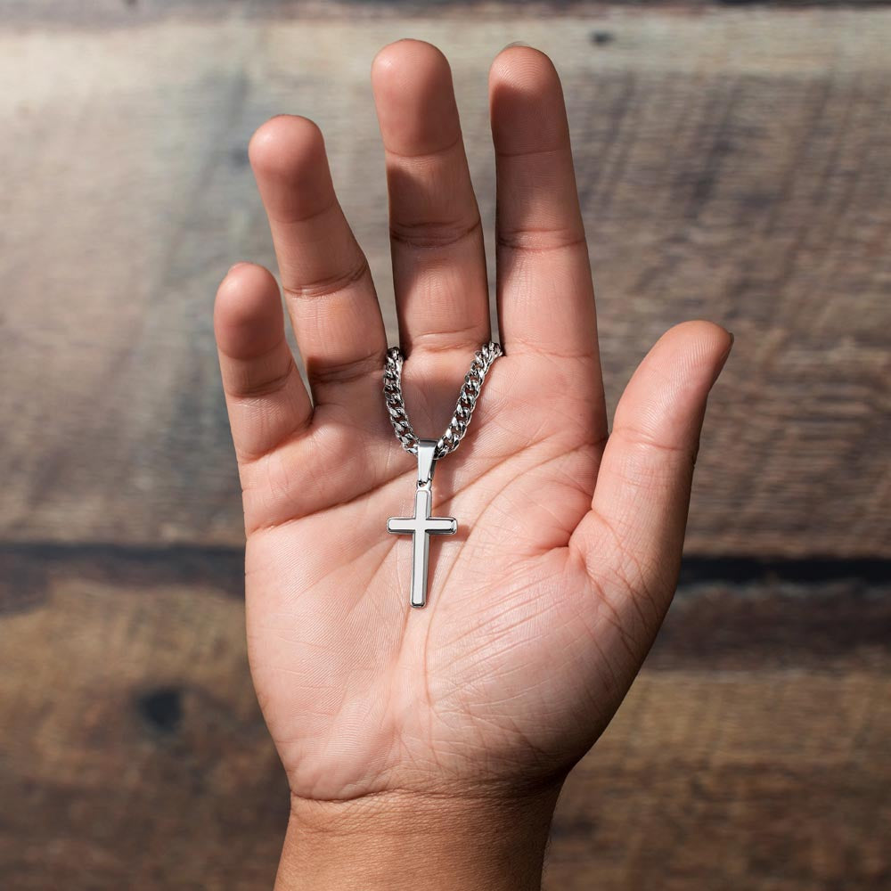 Personalized Cross with Cuban Link Chain for Dad – A Meaningful Gift of Strength and Love | Stainless Steel or 18k Yellow Gold Finish held in hand