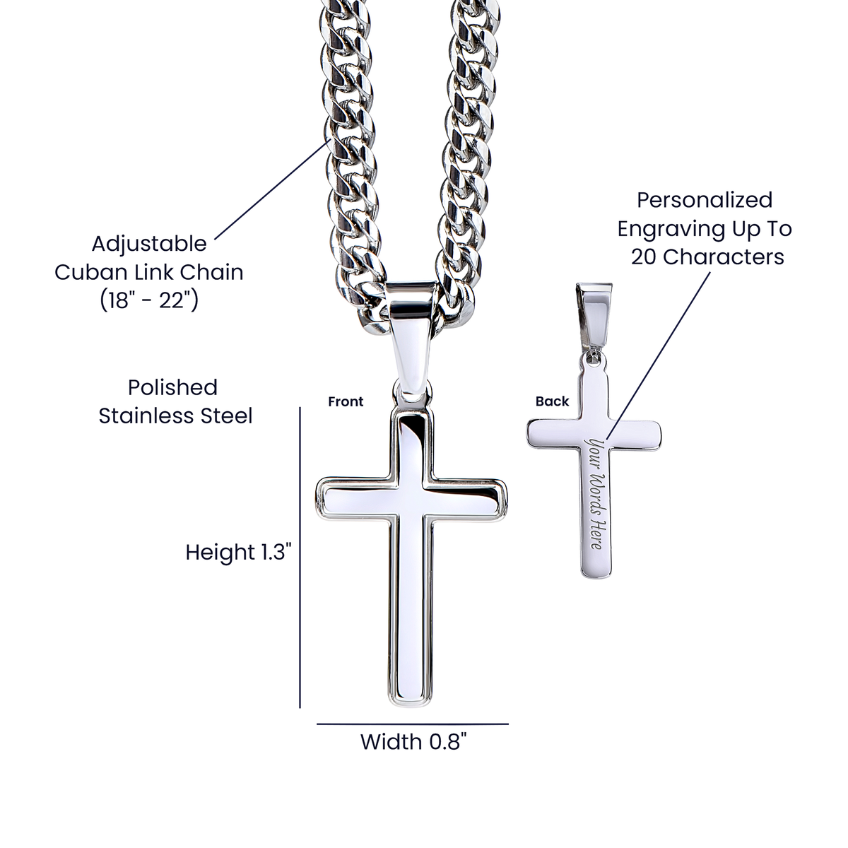 Personalized Christian Cross Necklace for Son – Gift from Mom or Dad in polished stainless steel with engraved message option