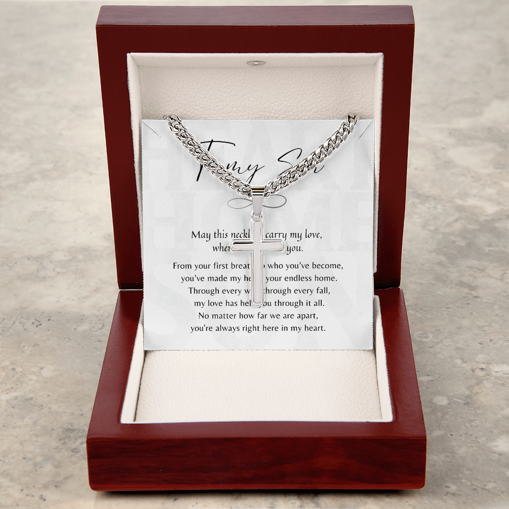 Personalized Christian Cross Necklace for Son – Gift from Mom or Dad in silver chain displayed in wooden box with heartfelt message card
