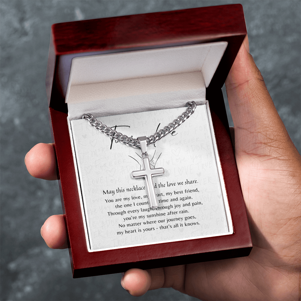 Personalized Cross with Cuban Link Chain for Him – A Meaningful Romantic Gift of Love | Stainless Steel or 18k Yellow Gold Finish displayed in dark wood gift box