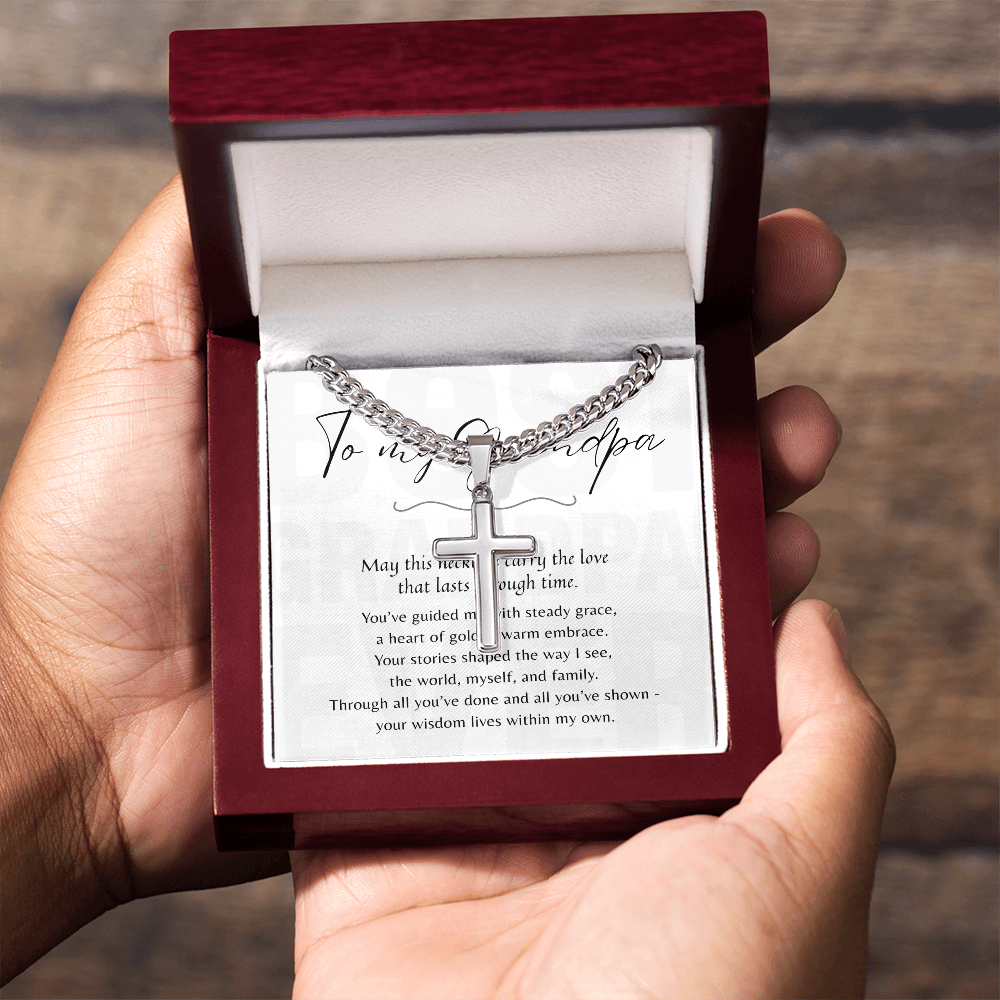 Personalized Cross with Cuban Link Chain for Grandpa – thoughtful meaningful jewelry gift in stainless steel or 18k gold finish