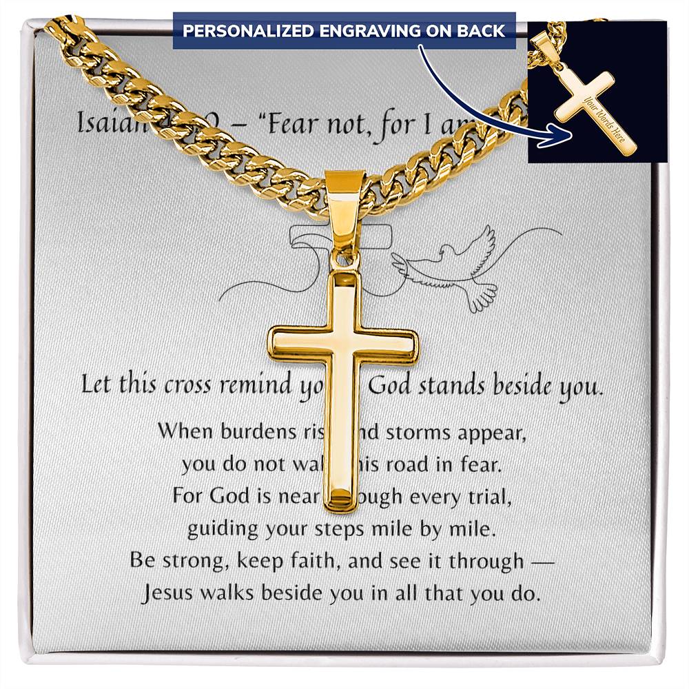 Personalized Cross with Cuban Link Chain for Him – A Meaningful Christian Gift for Him | Isaiah 41:10 | Gold finish in gift box with scripture card