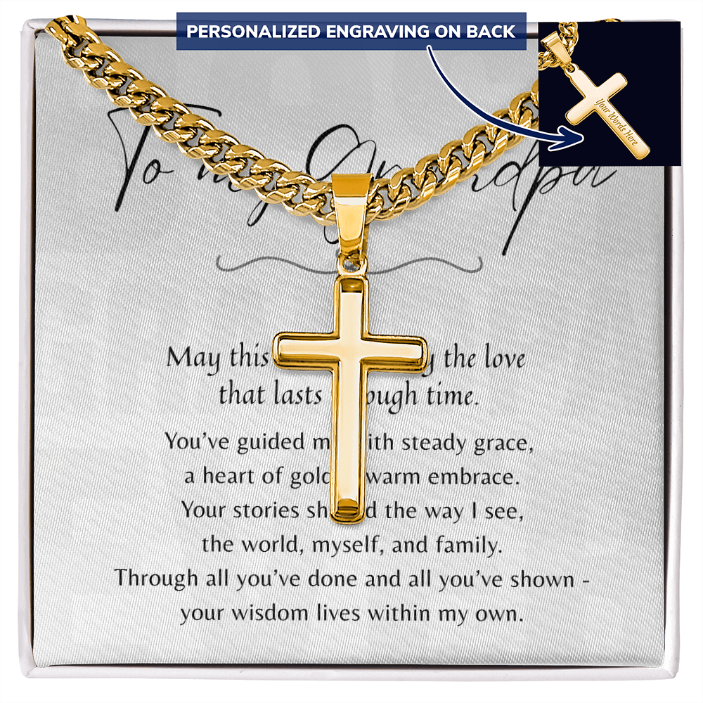 Personalized Cross with Cuban Link Chain for Grandpa – gold finish meaningful gift with custom engraving on the back