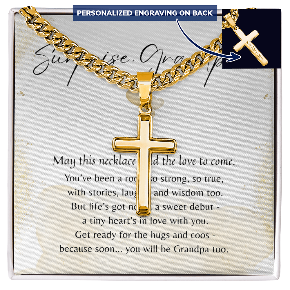 Personalized Cross with Cuban Link Chain for Becoming Grandpa – A Meaningful Pregnancy Announcement Gift | Gold finish shown in gift box with poem card