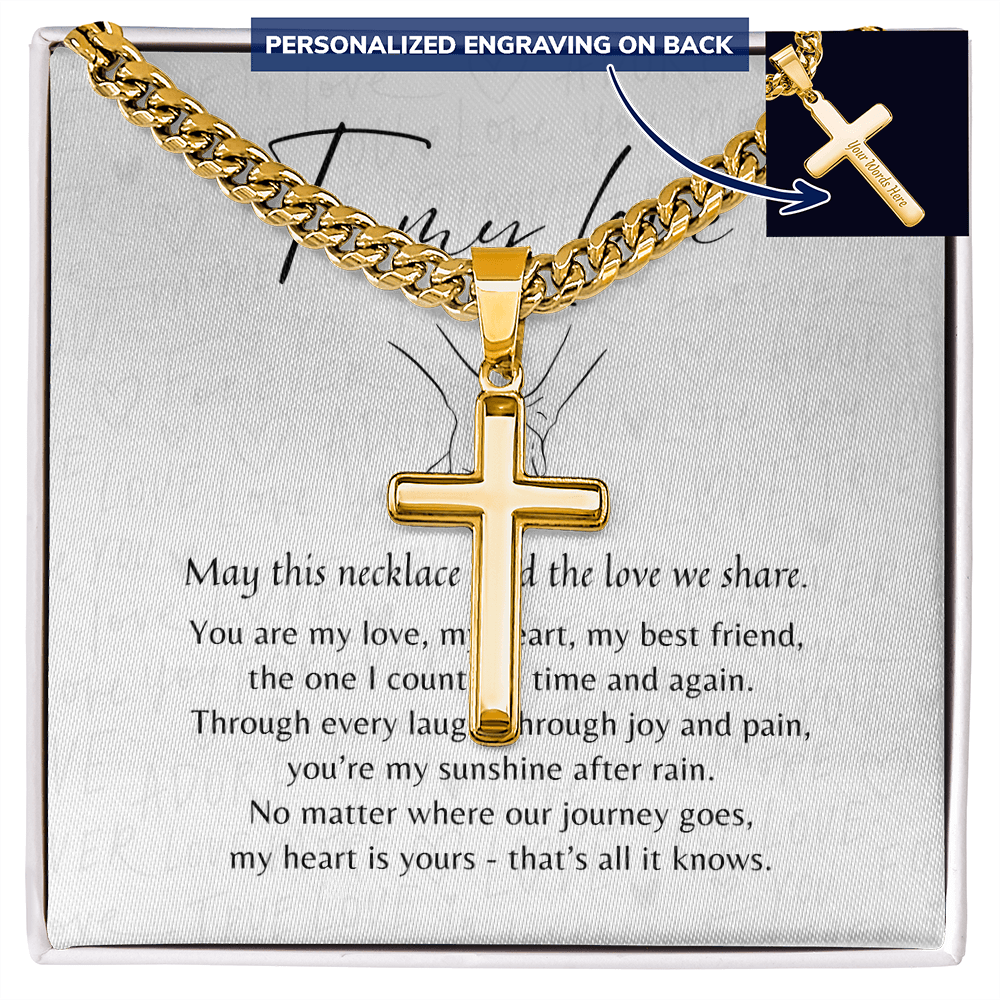 Personalized Cross with Cuban Link Chain for Him – A Meaningful Romantic Gift of Love | Gold finish with custom engraving on back in gift box