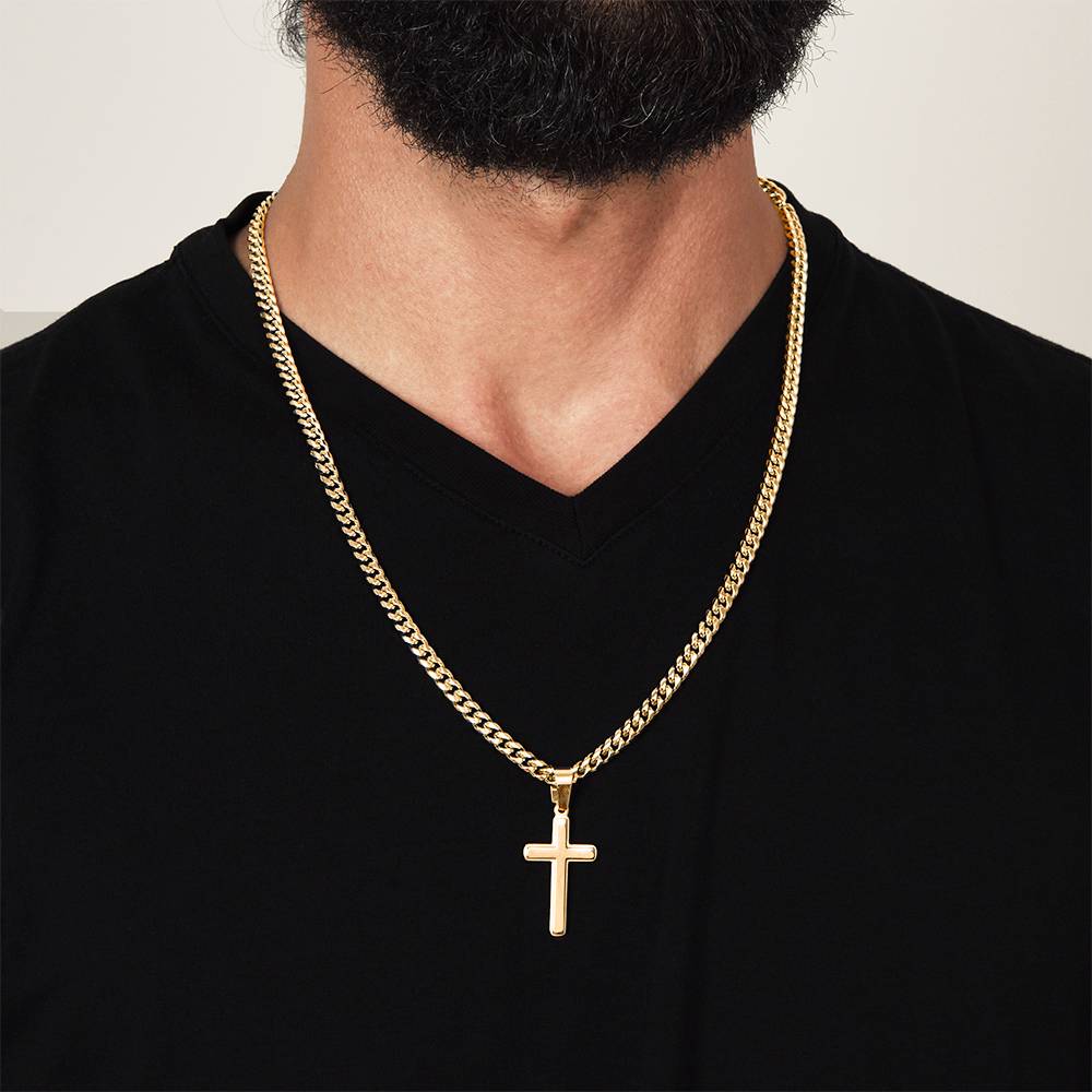 Personalized Cross with Cuban Link Chain for Him – A Meaningful Christian Gift for Him | Isaiah 41:10 | Gold finish worn on black shirt