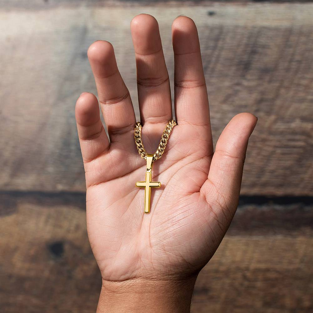 Personalized Cross with Cuban Link Chain for Him – A Meaningful Christian Gift for Him | Philippians 4:13 | Gold finish held in hand