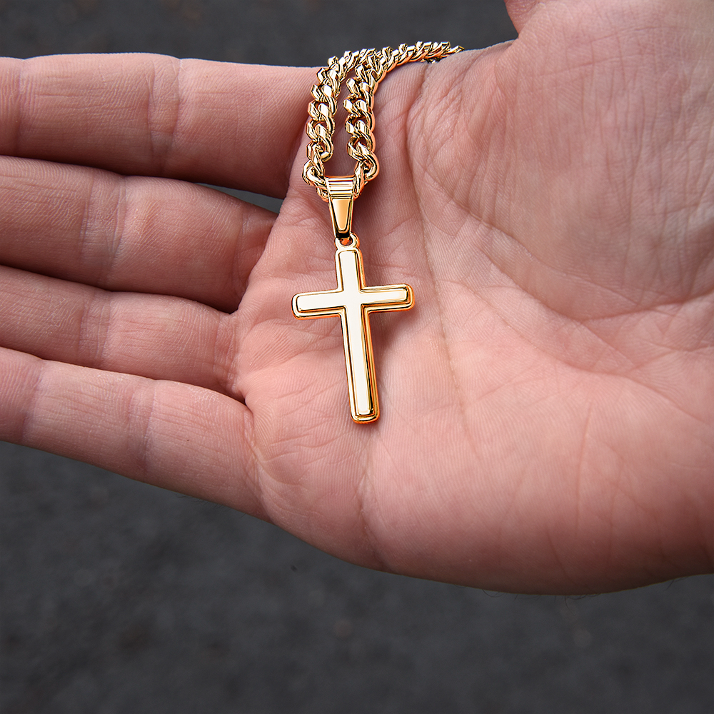 Personalized Cross with Cuban Link Chain for Him – A Meaningful Romantic Gift of Love | 18k Yellow Gold Finish held in hand close-up