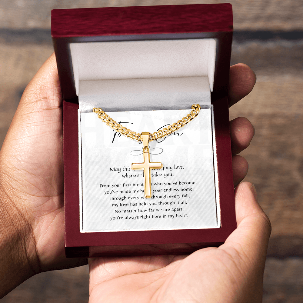 Personalized Christian Cross Necklace for Son – Gift from Mom or Dad in gold chain displayed in gift box with heartfelt message card