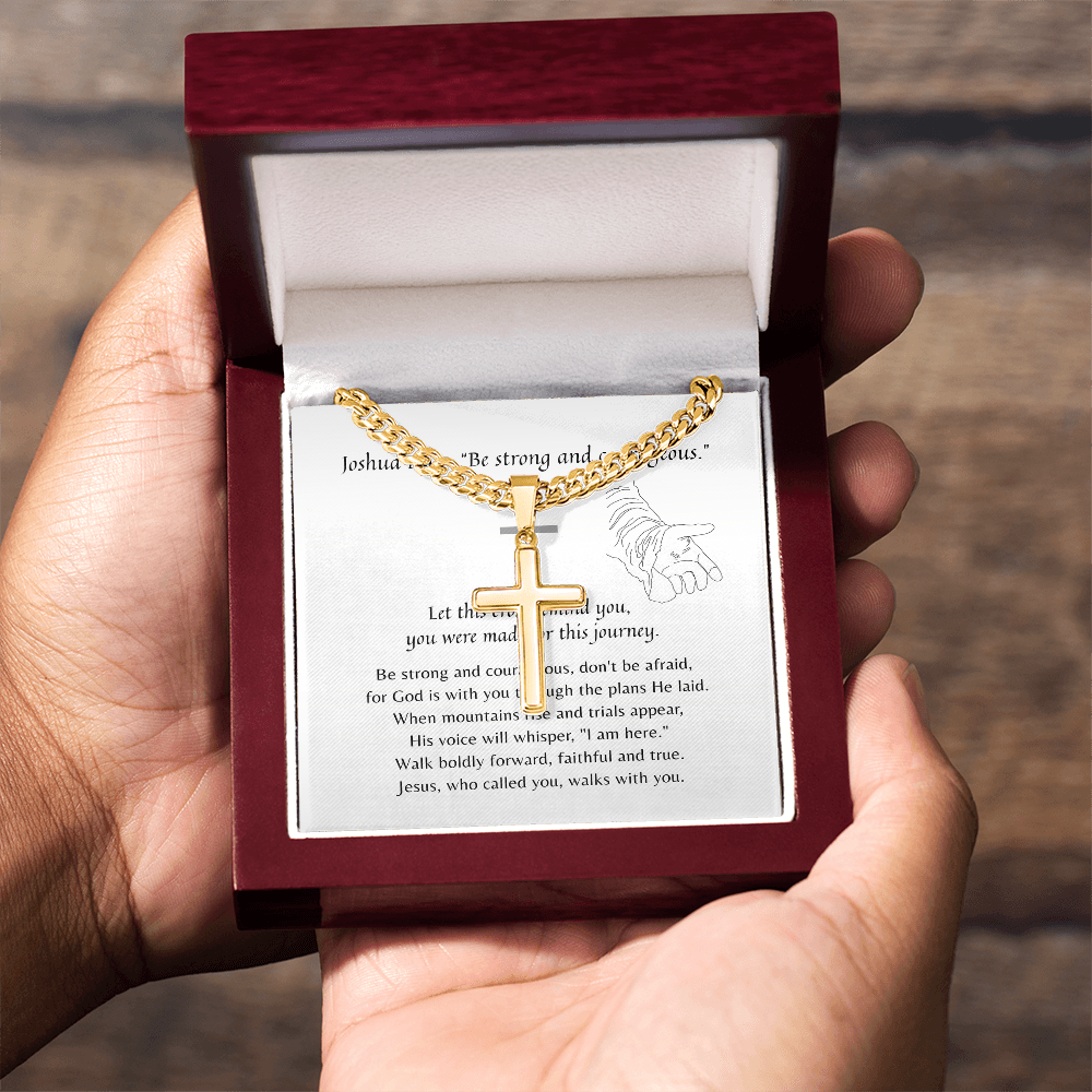 Personalized Christian Cross Necklace for Him – Faith-Inspired Gift with gold chain in wooden box and meaningful scripture card held in hands