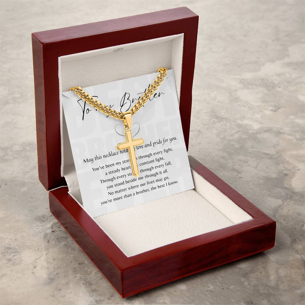 Personalized Cross Necklace with Cuban Link Chain for Brother – meaningful gift displayed in elegant wooden jewelry box