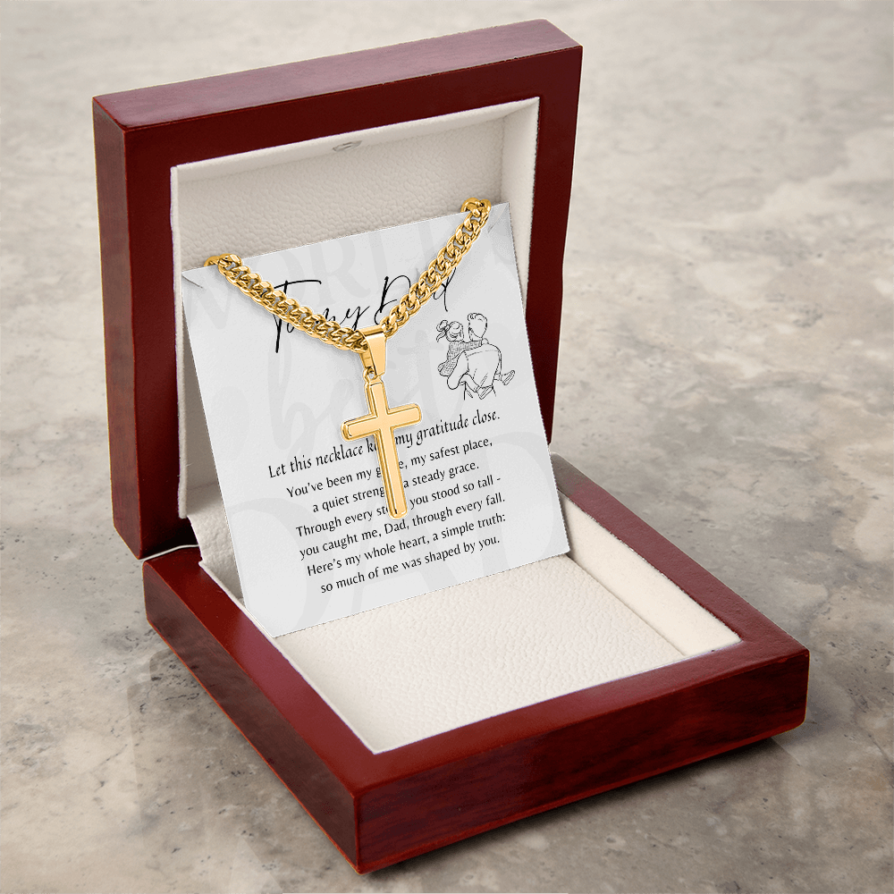Personalized Cross with Cuban Link Chain for Dad – A Meaningful Gift of Strength and Love | Stainless Steel or 18k Yellow Gold Finish in gift box with poem