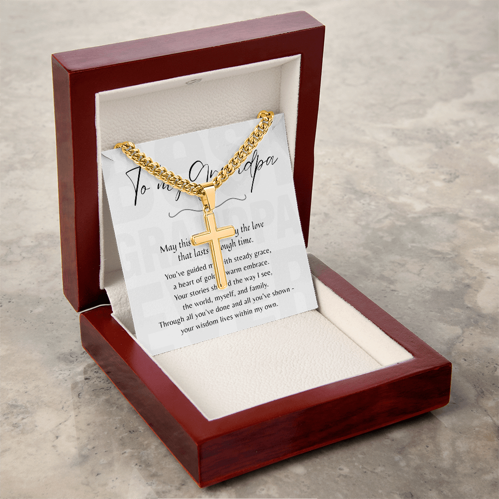 Personalized Cross with Cuban Link Chain for Grandpa – A Meaningful Gift of Strength and Love | Gold finish displayed in wooden gift box
