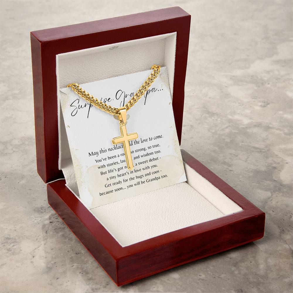 Personalized Cross with Cuban Link Chain for Becoming Grandpa – A Meaningful Pregnancy Announcement Gift | Gold finish in gift box with poem card