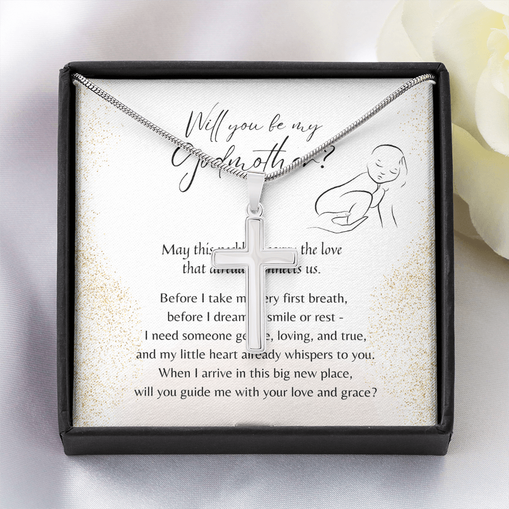 Artisan Cross Necklace for Godmother – A Meaningful Christian Godmother Proposal Gift | Stainless Steel or 18K Gold Finish displayed in gift box with poem