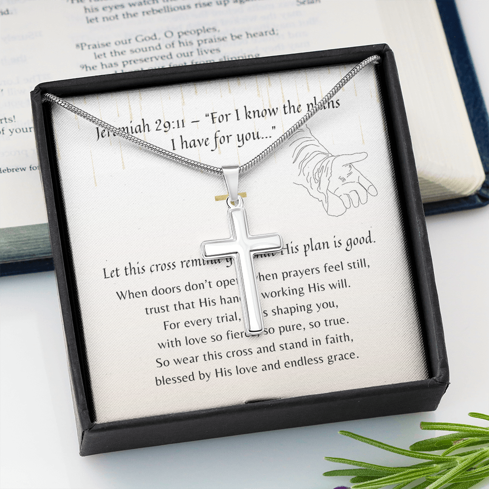 Christian Artisan Cross Necklace for Her – Hope & Faith Gift with polished silver cross displayed on scripture card in black gift box