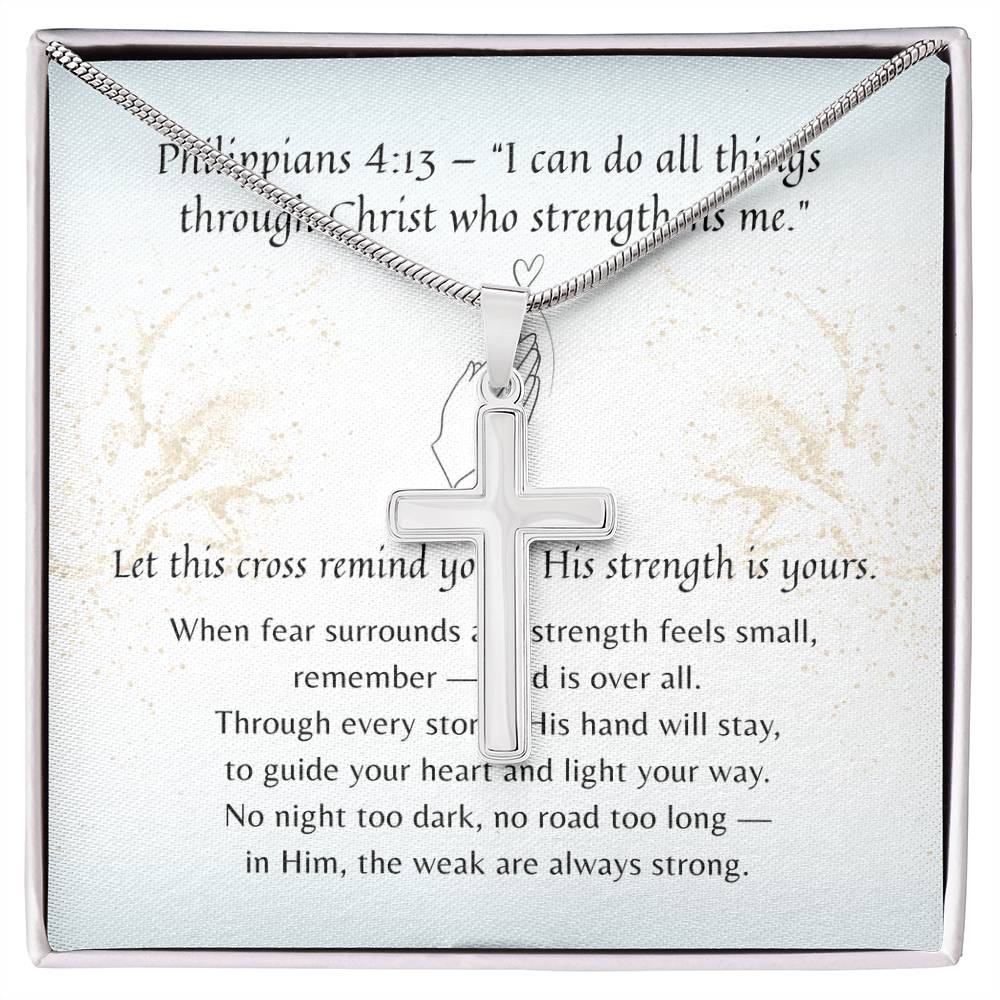 Artisan Cross Necklace for Her – A Meaningful Christian Gift for Her | Philippians 4:13 | Stainless Steel or 18k Yellow Gold Finish displayed in gift box with scripture card