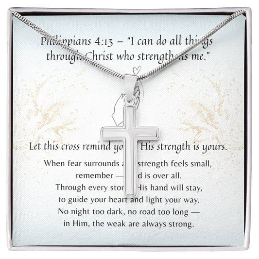 Artisan Cross Necklace for Her – A Meaningful Christian Gift for Her | Philippians 4:13 | Stainless Steel or 18k Yellow Gold Finish displayed in gift box with scripture card