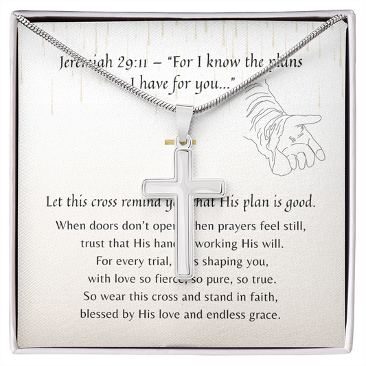 Christian Artisan Cross Necklace for Her – Hope & Faith Gift with polished silver cross pendant in gift box with scripture card