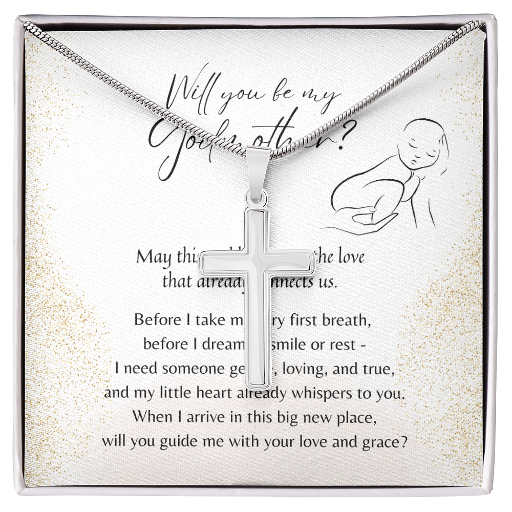 Artisan Cross Necklace for Godmother – A Meaningful Christian Godmother Proposal Gift | Stainless Steel or 18K Gold Finish in gift box with poem card