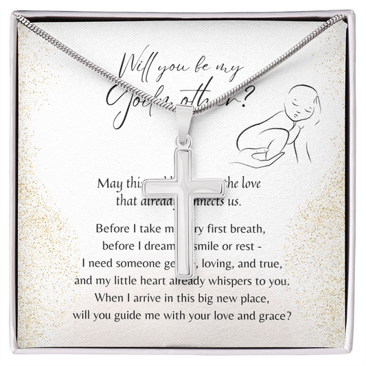 Artisan Cross Necklace for Godmother – A Meaningful Christian Godmother Proposal Gift | Stainless Steel or 18K Gold Finish in gift box with poem card