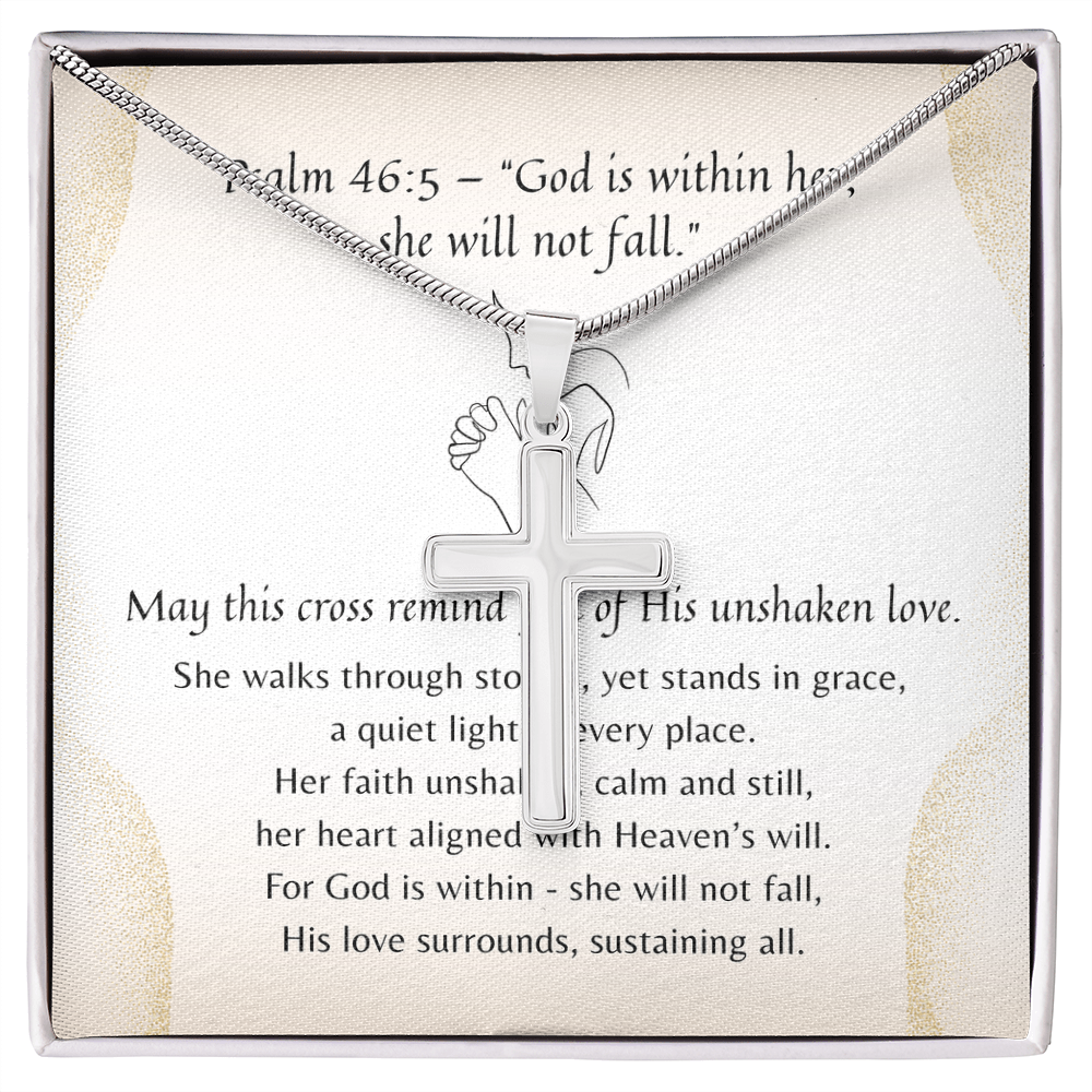 Artisan Cross Necklace for Her – A Meaningful Christian Gift for Her | Stainless Steel or 18k Yellow Gold Finish displayed with inspirational card