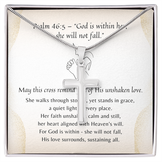 Artisan Cross Necklace for Her – A Meaningful Christian Gift for Her | Stainless Steel or 18k Yellow Gold Finish displayed with inspirational card
