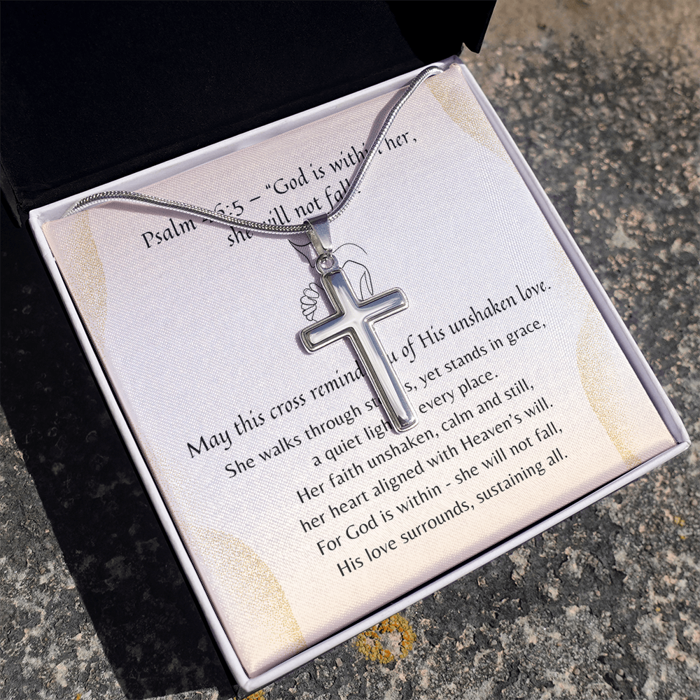 Artisan Cross Necklace for Her – A Meaningful Christian Gift for Her | Stainless Steel or 18k Yellow Gold Finish displayed with Psalm 46:5 verse card
