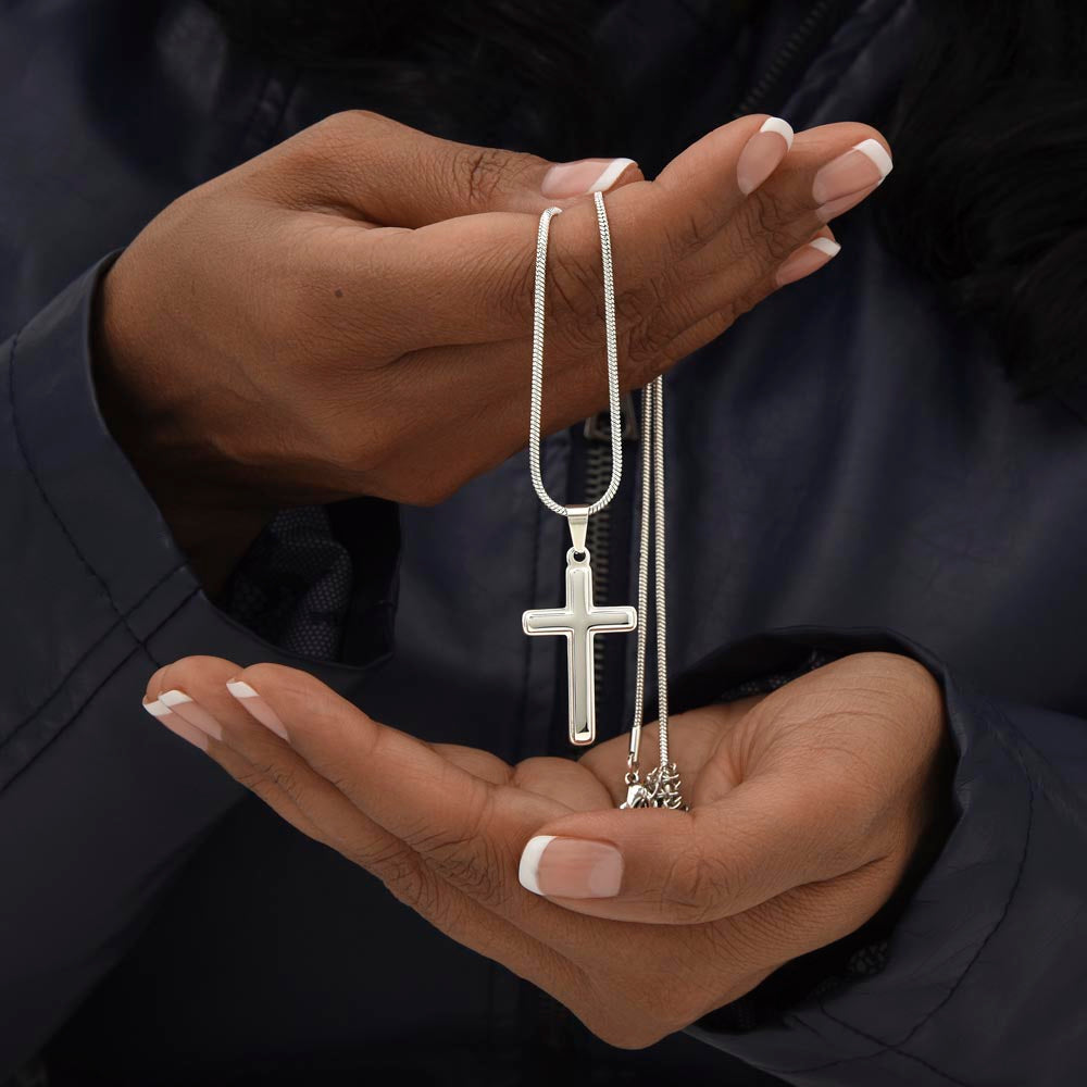 Artisan Cross Necklace for Godmother – A Meaningful Christian Godmother Proposal Gift | Stainless Steel or 18K Gold Finish held gently in hands