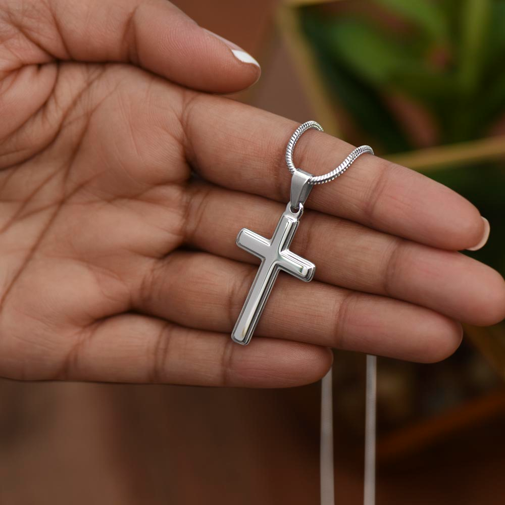 Artisan Cross Necklace for Godmother – Stainless Steel or 18k Gold Finish | A Meaningful Thank You Gift for Godmother pendant held in hand