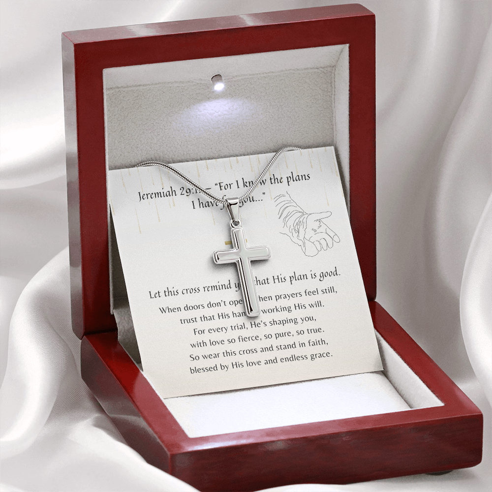 Christian Artisan Cross Necklace for Her – Hope & Faith Gift with silver cross pendant and inspiring scripture in polished wooden box