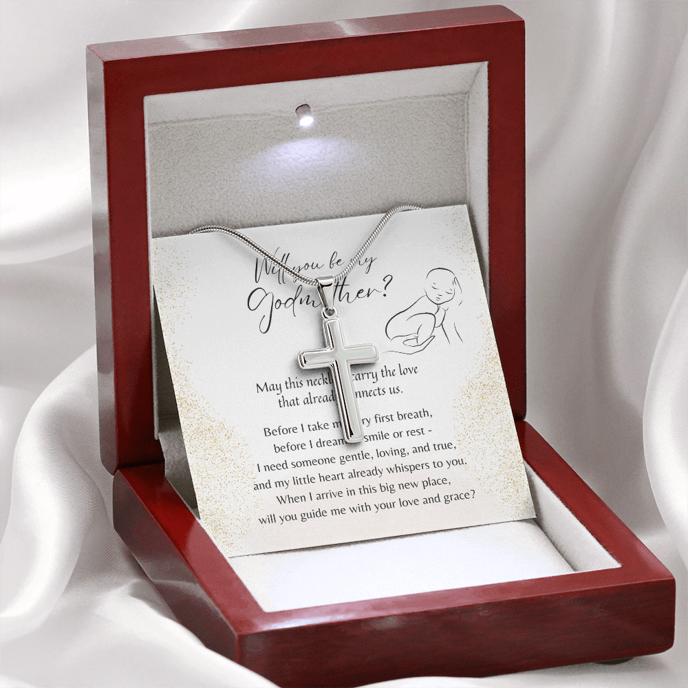 Artisan Cross Necklace for Godmother – A Meaningful Christian Godmother Proposal Gift | Stainless Steel or 18K Gold Finish shown in wooden gift box with poem card