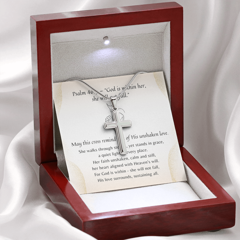 Artisan Cross Necklace for Her – A Meaningful Christian Gift for Her | Stainless Steel or 18k Yellow Gold Finish displayed in wooden box with poem card