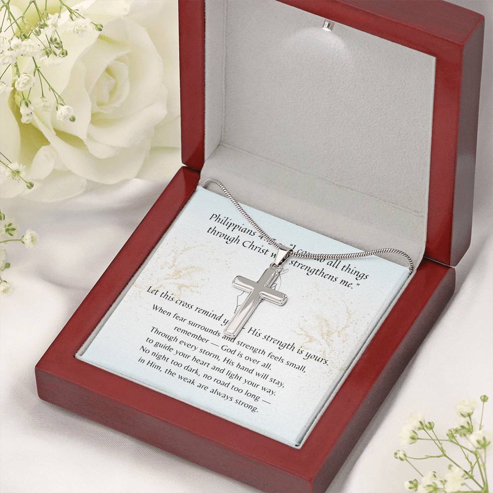Artisan Cross Necklace for Her – A Meaningful Christian Gift for Her | Philippians 4:13 | Stainless Steel or 18k Yellow Gold Finish in wooden box with scripture card