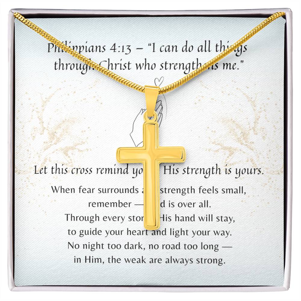 Artisan Cross Necklace for Her – A Meaningful Christian Gift for Her | Philippians 4:13 | Gold cross pendant with scripture card in gift box