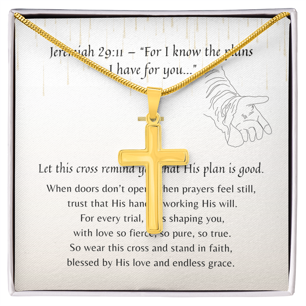 Christian Artisan Cross Necklace for Her – Hope & Faith Gift with gold cross pendant displayed on scripture card in gift box