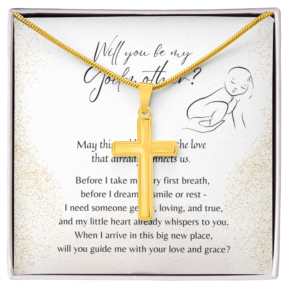Artisan Cross Necklace for Godmother – A Meaningful Christian Godmother Proposal Gift | Gold Finish displayed with proposal card