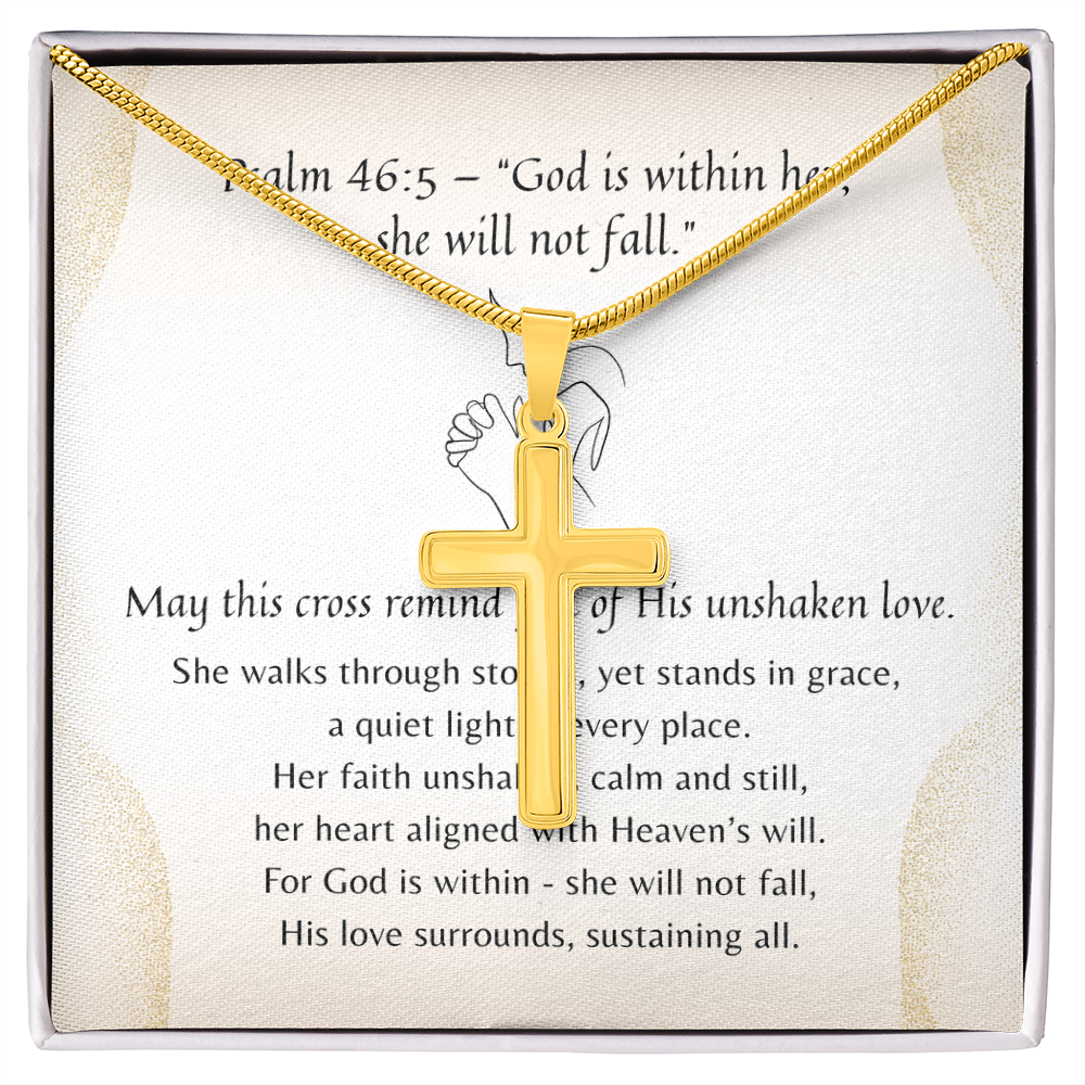 Artisan Cross Necklace for Her – A Meaningful Christian Gift for Her | Stainless Steel or 18k Yellow Gold Finish on inspirational poem card