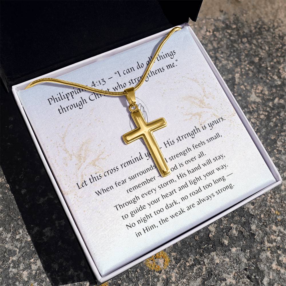 Artisan Cross Necklace for Her – A Meaningful Christian Gift for Her | Philippians 4:13 | Gold cross pendant on gold chain in gift box with scripture card